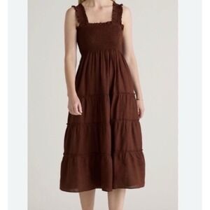 Quince European Linen Smocked Midi Dress Tiered Small Chocolate